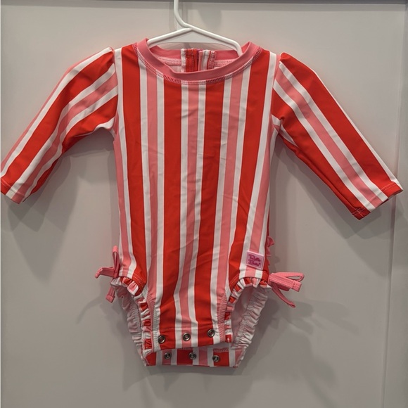 Ruffle Butts Red and Pink Striped Baby Rash Guard Swimsuit - Picture 1 of 3